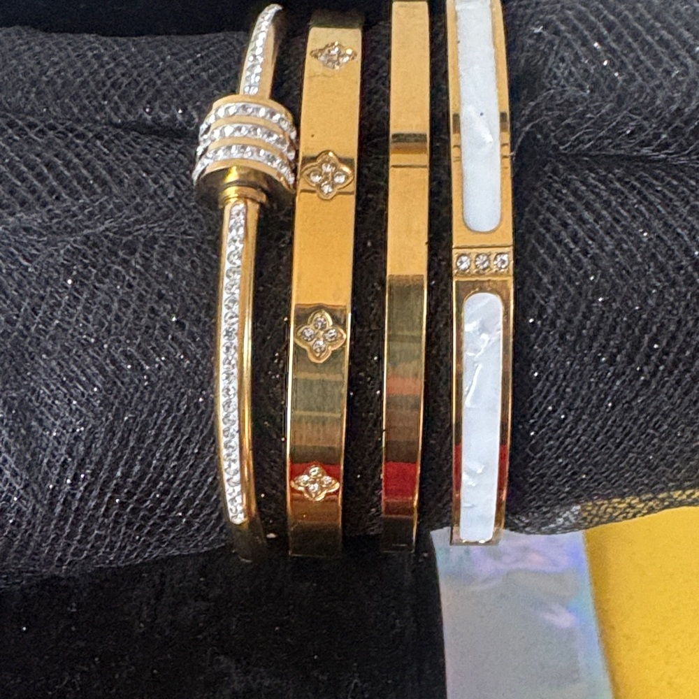 Gold-Tone Women's Stackable Bracelet Set with White Inlay